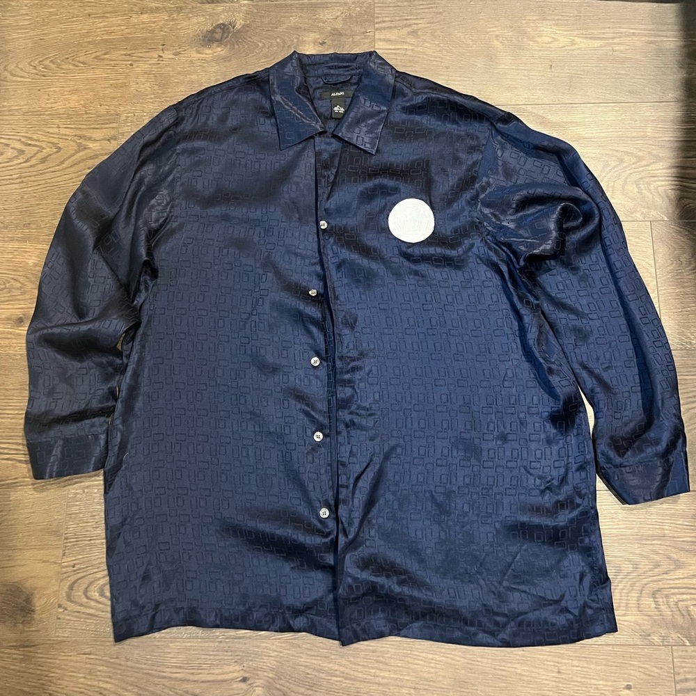 Alfani Navy Blue Silk Button down/PJ Shirt with Versace Patches